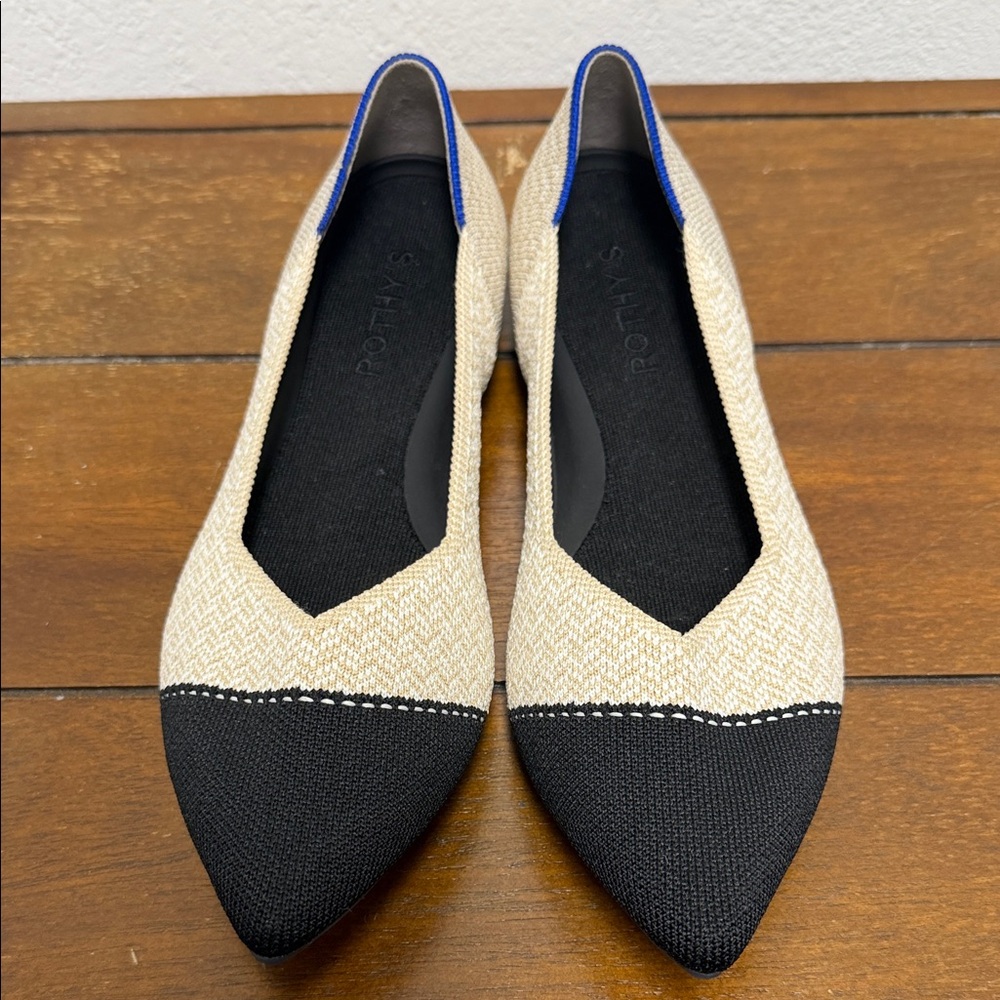 Rothy's Women's Pointed Cap Toe Flats in Black and Cream